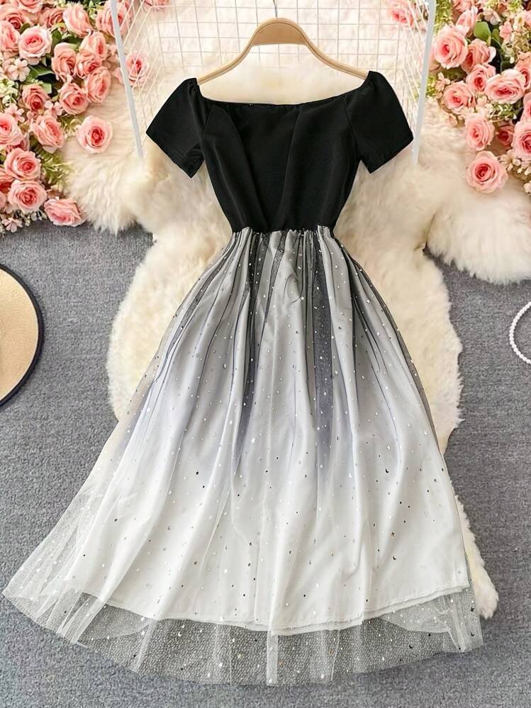 SHEIN LUNE Vestido midi de gasa y malla con hombros descubiertos, efecto degradado y lentejuelas para mujer de talla grande, para fiestas - Blanco y Negro - Añade 1