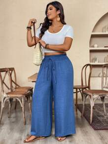SHEIN PETITE Quần dài thường ngày cỡ lớn có cạp chun và nơ - Màu xanh lam - Xem 6