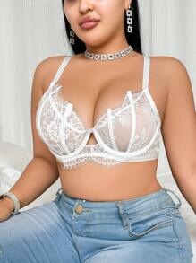 Plus Size Vintage Full-Cup Sexy Lingerie Bra With Steel Rings, Romantic French Lace Patchwork, Everyday Wear, Lift - White - View 4