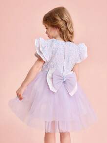SHEIN Kleine Mädchen Schleifendekor Gewebtes Kontrastnetz Rüschensaum Enges Minikleid, Partykleid - Verschiedenfarbig - Übersicht 5