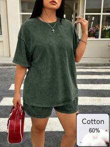 Comfortcana Plus Size 2pcs Set: Black Short Sleeve Round Neck T-Shirt And Shorts,Spring Summer Clothes - Army Green - View 3