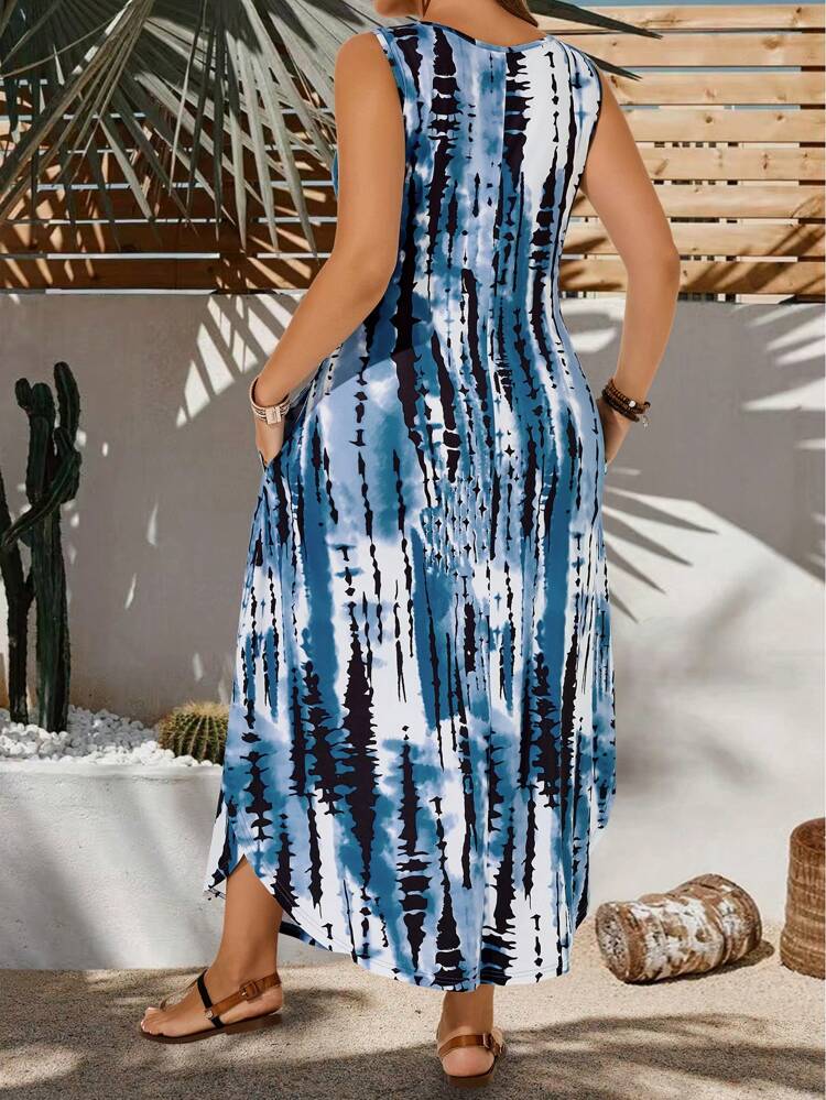 Plus Size Round Neck Sleeveless Pocket Dye Print Casual Midi Dress,Summer Clothes,Vacation Outfits Woman / Vacation,Boho Women Clothing,Flower/Spring