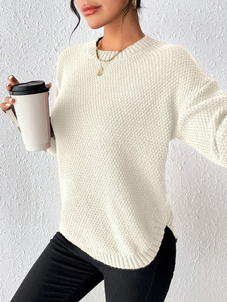 EMERY ROSE Women's Solid Color Long Sleeve Round Neck Simple Fashion Pullover Sweater Knit Pullover Fall Winter - Beige - View 1