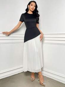 Modelyn Elegant Women's Black And White Contrast Color Long Dress With Short Sleeves, Round Neck, And Asymmetrical Pleated Hem - Black and White - View 5