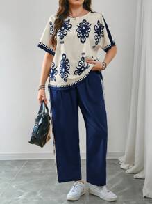 SHEIN LUNE Plus Size Allover Print Round Neck Short Sleeve Top And Pants 2 Pieces Set Summer Outfits For Women Two Pieces Set Women Summer Outfits For Women