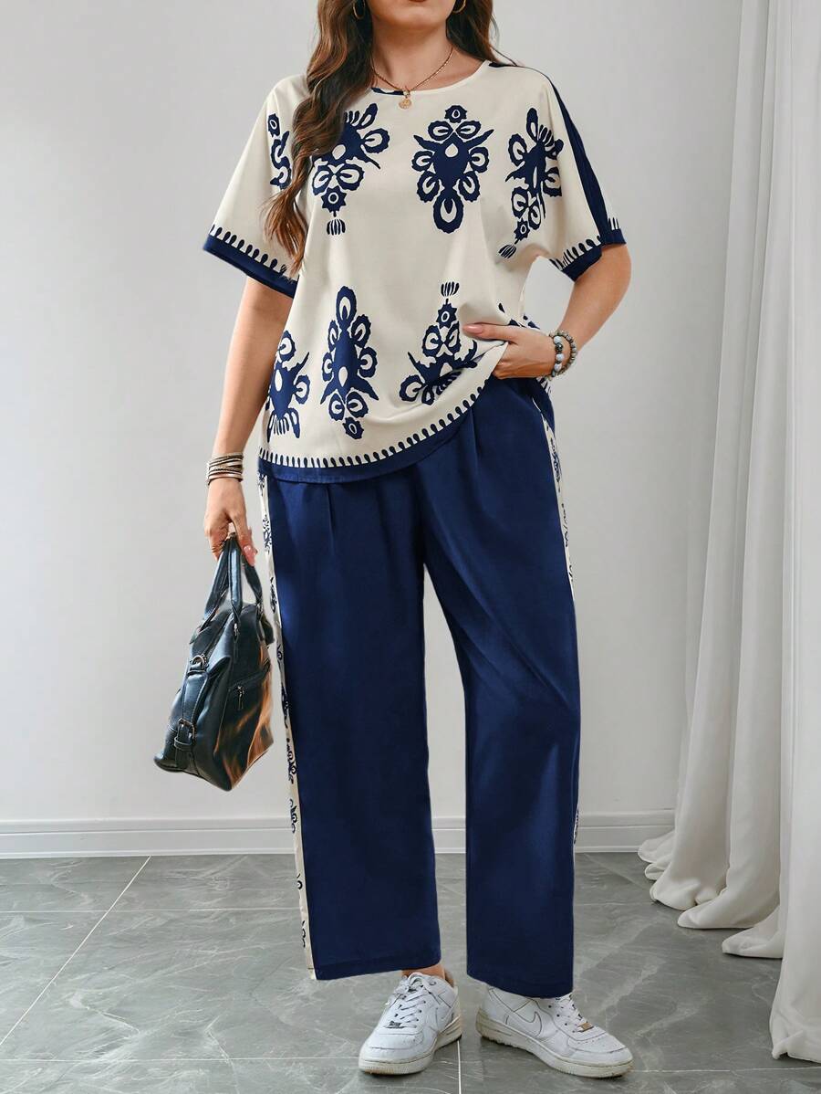 SHEIN LUNE Plus Size Allover Print Round Neck Short Sleeve Top And Pants 2 Pieces Set Summer Outfits For Women Two Pieces Set Women Summer Outfits For Women