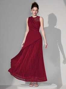 Poshira 女士优雅混合材质蕾丝拼接腰部正式晚礼服、派对礼服，适合婚礼宾客 - 酒紅色 - 查看 6