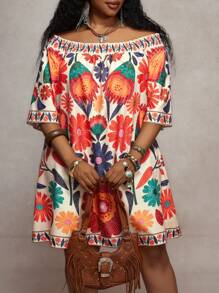 Slaydiva 2025 春夏新品大码露肩花卉印花休闲度假连衣裙波西米亚风女装女装波西米亚风连衣裙女装墨西哥风连衣裙女装女装波西米亚风狂欢服装音乐节