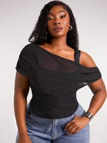 SHEIN SXY 大码女式时尚街头时尚修身弹力涂层皮革和网眼分层褶皱短 T 恤，适合日常穿着、西部装、邮轮装、音乐节、音乐会、狂欢派对、海滩度假、约会之夜、生日、单身派对、俱乐部、可爱、休闲、购物、街头服饰、外出，易于搭配且看起来苗条，凸显身材，修饰身材 - 黑色 - 查看 5