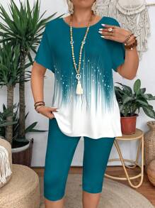 Summer Casual Color Block Short Sleeve T-Shirt And Leggings 2 Pieces Set For Plus Size Women, Slim Fit - Multicolor - View 3