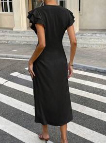 Serisse 女士简约法式优雅褶饰腰部盖袖连衣裙，女士夏季连衣裙