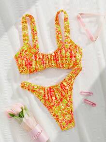 SHEIN Swim 热带植物印花双面褶饰性感女士比基尼两件套 - 橘色 - 查看 1