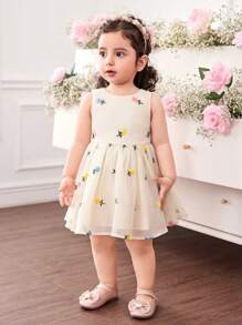 Babygirl Cute & Elegant Apricot Floral Print Organza Dress - Multicolor - View 5