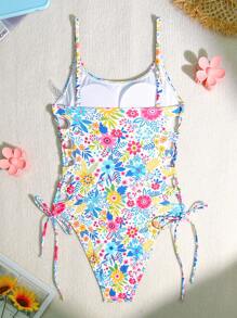 SHEIN Swim بدلة سباحة نسائية قطعة واحدة مكشوفة الظهر بطبعات زهور متناثرة بطيات، أنيقة لأجازات الشاطئ - متعدد الألوان - مشاهدة 4