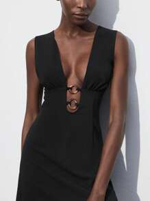 Maija 优雅的2025春夏短裙，女士休闲度假时尚连体衣，带圆环装饰，黑色亚克力，都市时尚，适合音乐节、海滩度假、日常休闲、浪漫都市度假、活动、毕业典礼