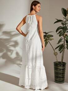 Breezaya Vestido informal de vacaciones con halter, lazo y espalda cruzada de estilo moderno y casual - Blanco - Ver 2