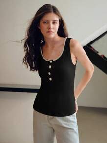 MOTF PREMIUM RHINESTONE BUTTON TANK TOP - Black - View 5