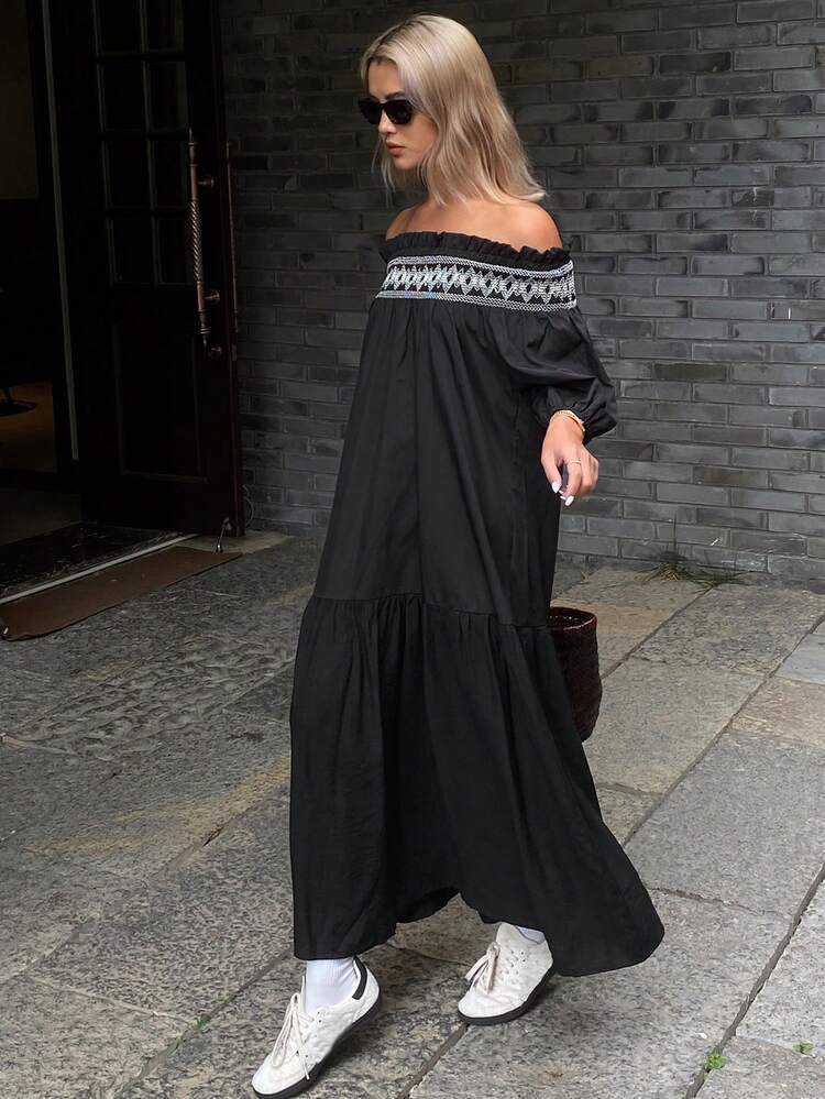 Casual Vacation Dress, Off Shoulder Wide Neck Loose Women Summer Long Dress Maxi Dress Boho