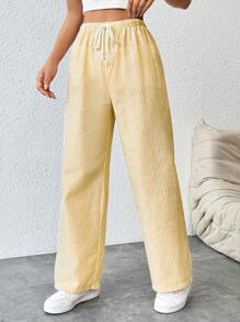 SHEIN PETITE Pantalones rectos de talle con cinturón de mujer a rayas