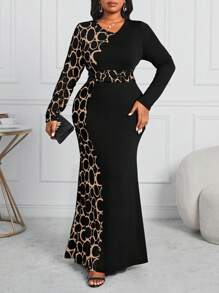 Fleurora Plus Size Women's Business Professional And Contrast Geometric Pattern Waist Fishtail Dress