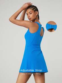 GLOWMODE FeatherFit™-Air Peekaboo 镂空口袋多功能运动连衣裙，内置短裤，轻度支撑，低冲击瑜伽，日常夏季速干，吸湿排汗 - Blue Power - 查看 5