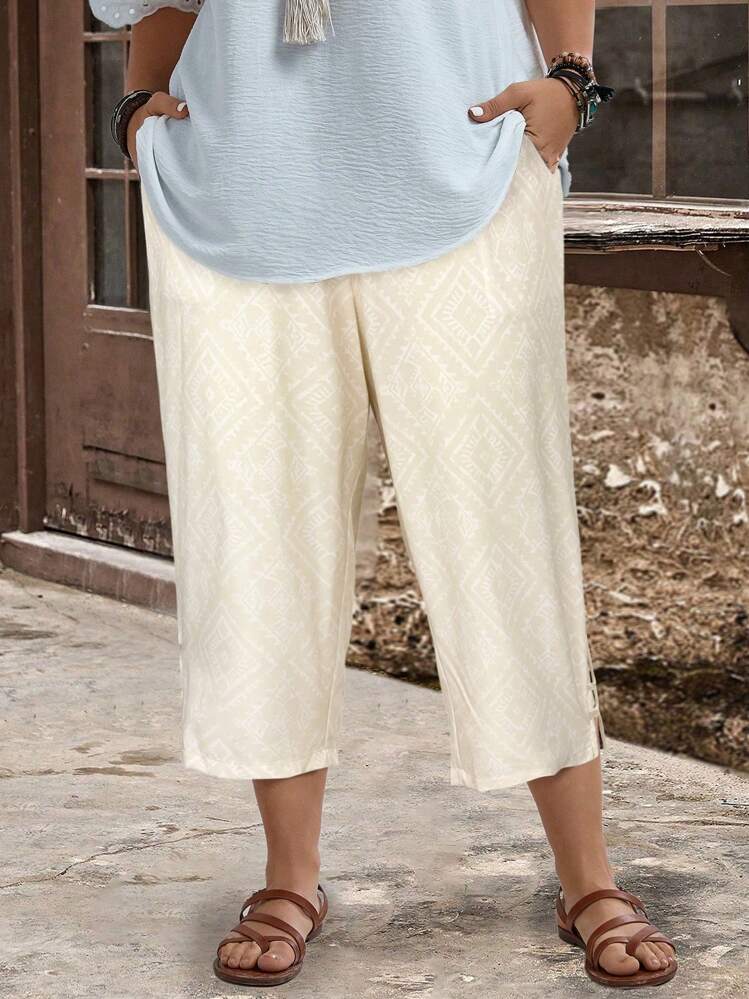 EMERY ROSE Plus Size Women's Vent Pockets Geometry Graphic Graphic Vintage Printed Casual Loose Vacation Summer Pants - Apricot - View 3