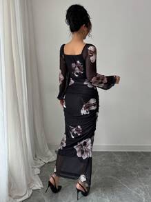 Modelyn Women's Floral Print Elegant Square Neck Tie Waist Midi Dress Maxi Women Outfit Long Evening Dresses - Champagne - View 2