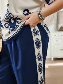 SHEIN LUNE Plus Size Allover Print Round Neck Short Sleeve Top And Pants 2 Pieces Set Summer Outfits For Women Two Pieces Set Women Summer Outfits For Women