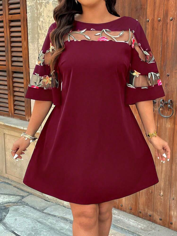 SHEIN Clasi Plus Size Asymmetrical Mesh Panel Soft Knitted Boat Neck Short Sleeve Casual Vacation Commute Straight A-Line Dress - Multicolor - View 4