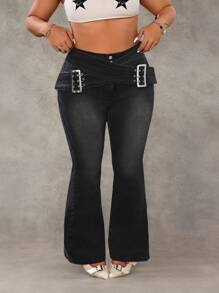SHEIN ICON Plus Size Women Flare Jeans, Casual, Suitable For Summer - Black - View 1