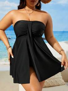 Swim Lushoire Plus Size Summer Beach Solid Color Strapless Swimwear Dress - Black - View 5
