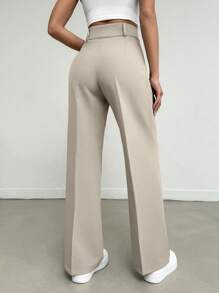 EURMUSE Women's Solid Color Elegant High Waist Long Straight Pants With Pleated And Button Details On Waist