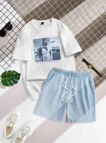 Manfinity RSRT Tropical Beach Blue Color Block Vacation Print Slim Fit Men's White Knit Shirt & Blue Woven Shorts Set - Multicolor - View 2