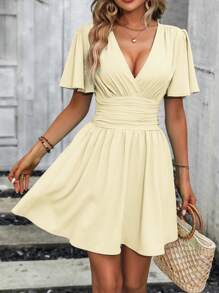 SHEIN Clasi Solid Color V-Neck Ruched Short Sleeve Long Wrap Dress - Yellow - View 3