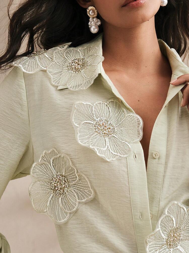 Women's Collared Long Sleeve Shirt With 3D Rhinestone Embroidery, Transparent Sensual Fashionable Modest, Spring For Women