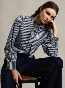 Briarwyn Camicia elegante a maniche lunghe con stampa a righe, scollo a cravatta, bottoni frontali, per outfit estivi da donna, casual da ufficio