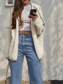 INAWLY 女士拼色休闲宽松长袖开衫、七分袖上衣 - 杏色 - 查看 3