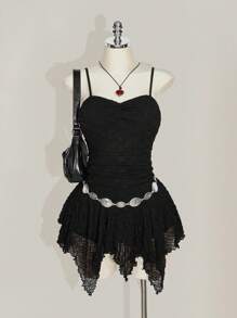 SHEIN ICON Plus Size Women Solid Color Pleated Spaghetti Strap Asymmetrical Hem Dress - Black - View 5