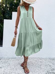 EMERY ROSE Button Detail Layered Hem Smock Dress Maxi Women Outfit - Mint Green - View 4