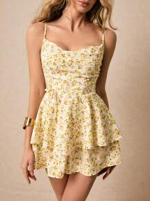 Poéselle 奶油黄色连体裤，连体衣，印花连体衣，小碎花连体衣，层叠荷叶边设计，俏皮可爱，女士休闲度假碎花吊带背心连体裤，适合日常出街约会度假婚礼等场合穿着 - 黃色 - 查看 7