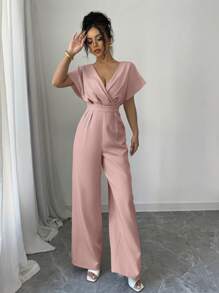 Selianne 女式收腰褶皱休闲连体裤，简约时尚，纯色，夏季 - 粉色 - 查看 5