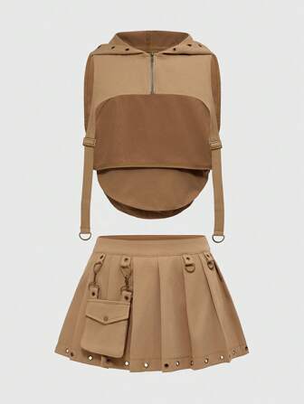 Grunge Punk Y2K Style Hooded Cropped Top & Pleated Mini Skirt Set For Women, Summer Outfits For Women Concert Outfit Women Women Two Pieces Outfits