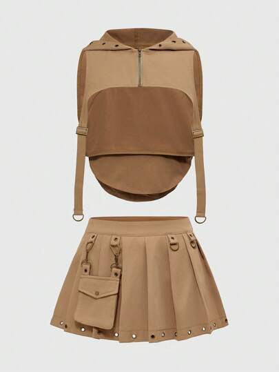 Grunge Punk Y2K Style Hooded Cropped Top & Pleated Mini Skirt Set For Women, Summer Outfits For Women Concert Outfit Women Women Two Pieces Outfits