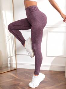 Easithlete 字母图案训练紧身裤 无缝高弹力收腹提臀运动紧身裤 瑜伽女裤 - 淡紫色 - 查看 5