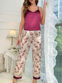 SHEIN Solid Color Camisole & Floral Print Pants Home Pajama Set - Multicolor - View 5