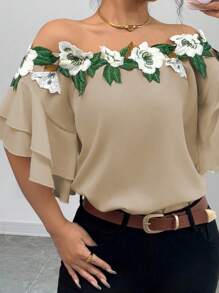 Calvaya Blusa casuale sexy a spalle scoperte con fiore 3D per donne
