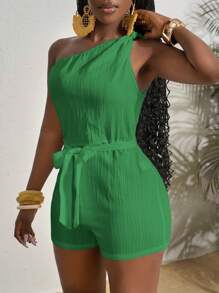 Slaydiva 春夏新款时尚音乐节、西部风、波西米亚风、复活节、纳什维尔、生日派对、毕业典礼、学生日常、百搭休闲度假巡航沙滩装吊带扭褶腰部纹理面料女式连体裤，白色，修身 - 綠色 - 查看 4