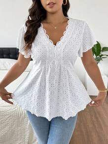 SHEIN Frenchy Plus Size Women Textured V-Neck Lace Splice T-Shirt - White - View 1
