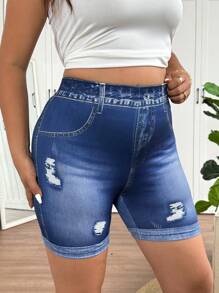 SHEIN Frenchy 加大码女式蓝色紧身裤，时尚休闲裤，采用弹性舒适面料 - 藍色 - 查看 4