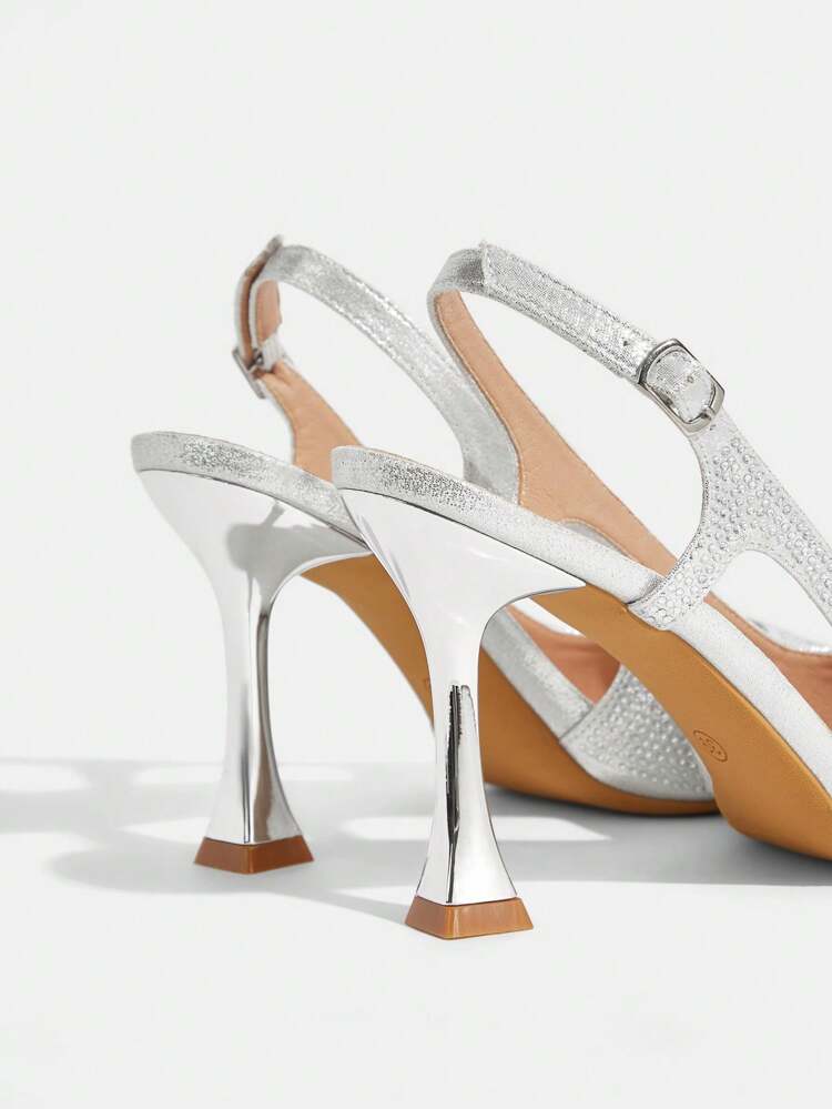 CUCCOO TILAWA Sandalias de tacón alto de punta afilada con strass plateados de lujo, zapatos elegantes de fiesta de moda para mujer